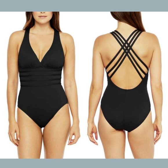 NWT La Blanca Cross Back One Piece Swimsuit 12‎ BlK - Picture 1 of 12